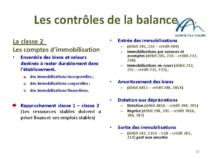 Les contrôles de la balance La classe 2 Les comptes d’immobilisation • • –