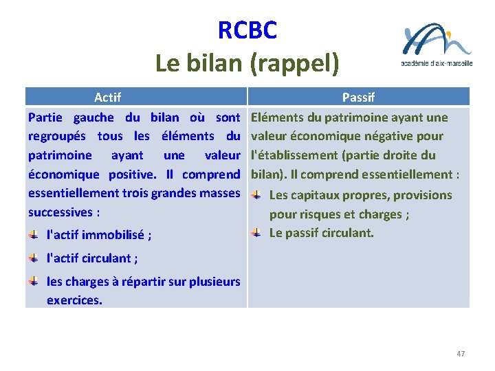 RCBC Le bilan (rappel) Actif Partie gauche du bilan où sont regroupés tous les