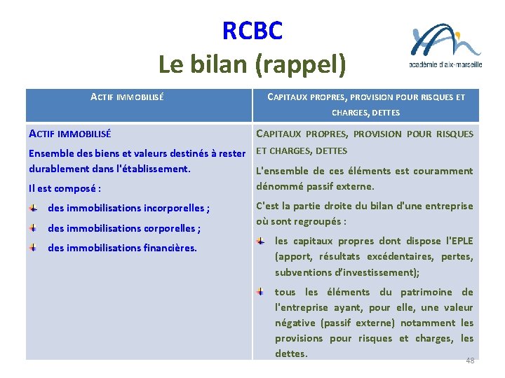 RCBC Le bilan (rappel) ACTIF IMMOBILISÉ CAPITAUX PROPRES, PROVISION POUR RISQUES ET CHARGES, DETTES