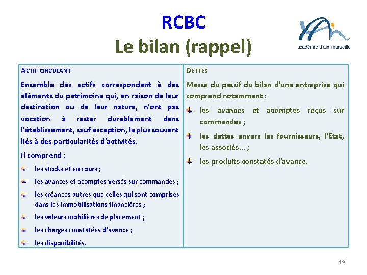 RCBC Le bilan (rappel) ACTIF CIRCULANT DETTES Ensemble des actifs correspondant à des Masse
