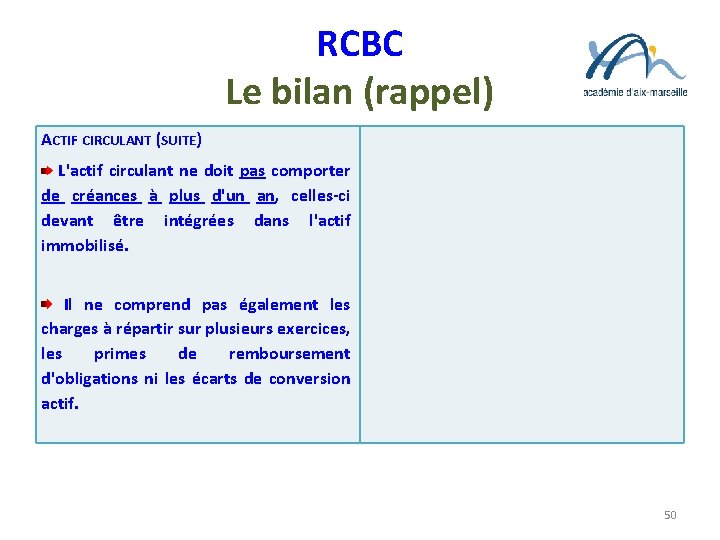 RCBC Le bilan (rappel) ACTIF CIRCULANT (SUITE) L'actif circulant ne doit pas comporter de