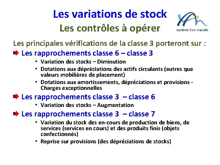 Les variations de stock Les contrôles à opérer Les principales vérifications de la classe