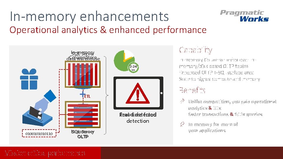 In-memory enhancements Operational analytics & enhanced performance Capability In-memory SQL Server Column. Store data