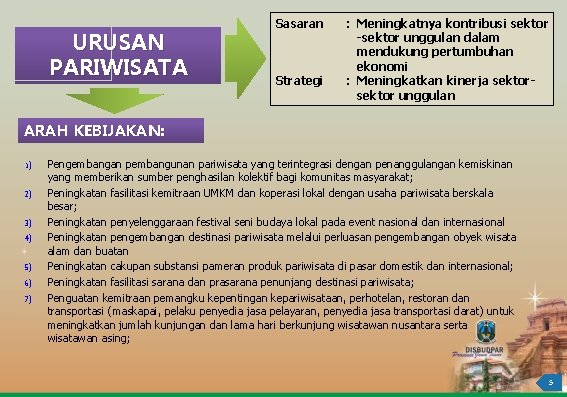 URUSAN PARIWISATA Sasaran Strategi : Meningkatnya kontribusi sektor -sektor unggulan dalam mendukung pertumbuhan ekonomi