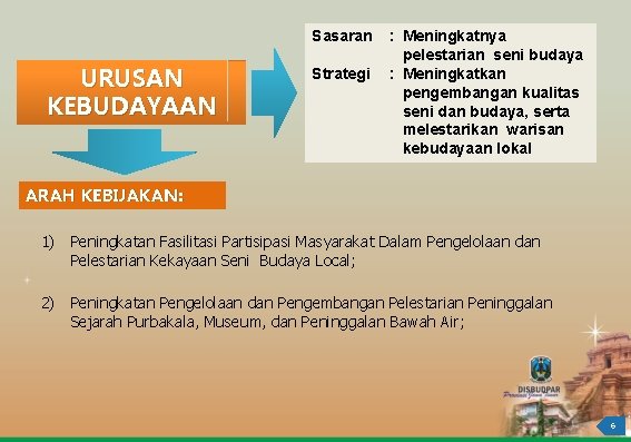 Sasaran URUSAN KEBUDAYAAN Strategi : Meningkatnya pelestarian seni budaya : Meningkatkan pengembangan kualitas seni