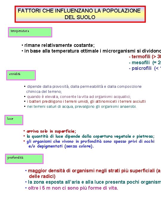 FATTORI CHE INFLUENZANO LA POPOLAZIONE DEL SUOLO temperatura • rimane relativamente costante; • in