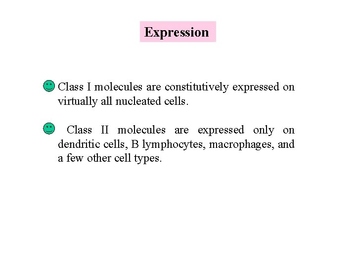 Expression Class I molecules are constitutively expressed on virtually all nucleated cells. Class II