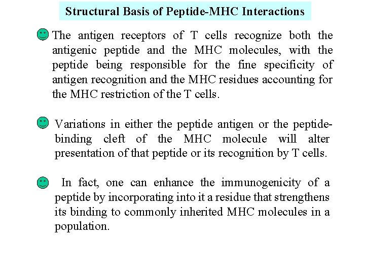 Structural Basis of Peptide-MHC Interactions The antigen receptors of T cells recognize both the