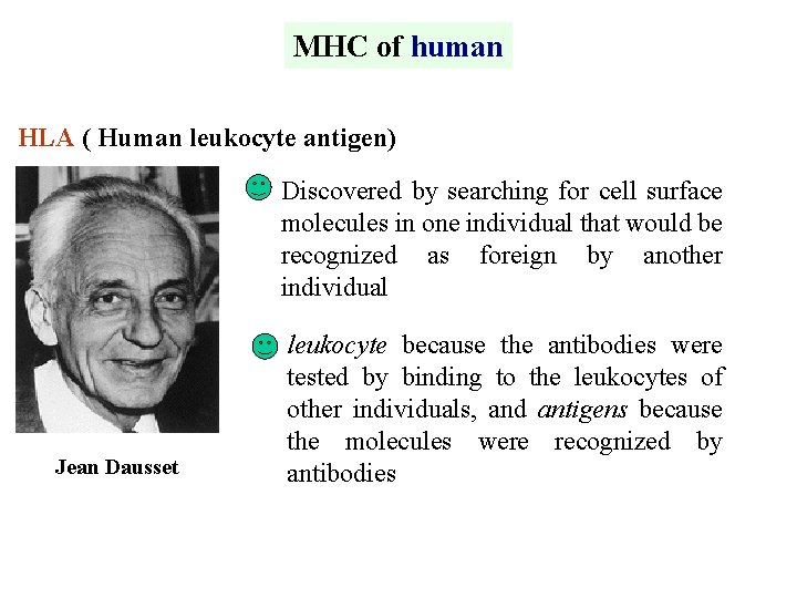 MHC of human HLA ( Human leukocyte antigen) Discovered by searching for cell surface