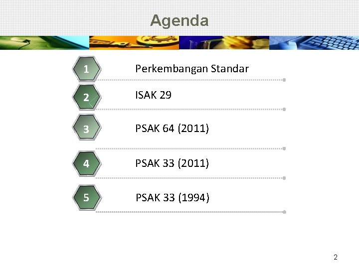 Agenda 1 Perkembangan Standar 2 ISAK 29 3 PSAK 64 (2011) 4 PSAK 33