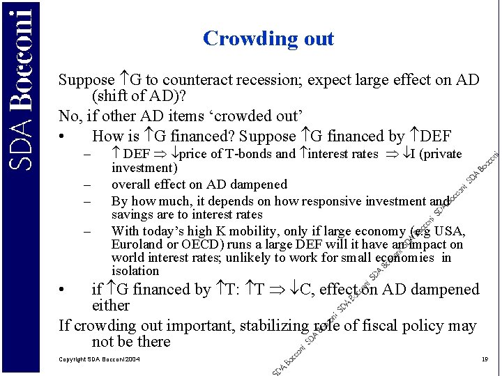 Crowding out Suppose G to counteract recession; expect large effect on AD (shift of