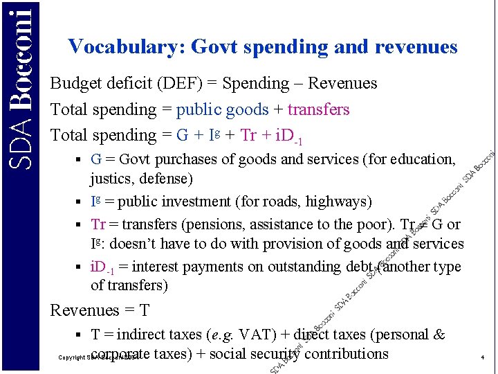 Vocabulary: Govt spending and revenues Budget deficit (DEF) = Spending – Revenues Total spending