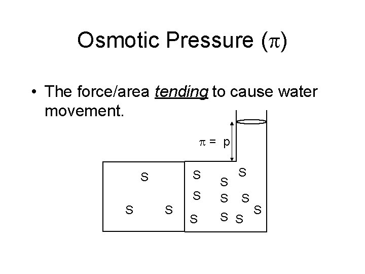 Osmotic Pressure ( ) • The force/area tending to cause water movement. = p