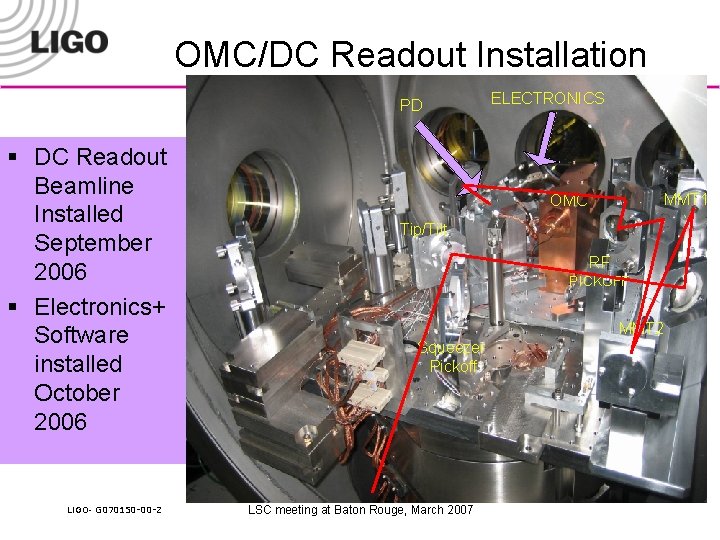 OMC/DC Readout Installation PD § DC Readout Beamline Installed September 2006 § Electronics+ Software