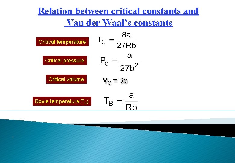 Relation between critical constants and Van der Waal’s constants Critical temperature Critical pressure Critical