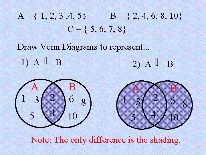 A = { 1, 2, 3 , 4, 5} B = { 2, 4, A = { 1, 2, 3 , 4, 5} B = { 2, 4,