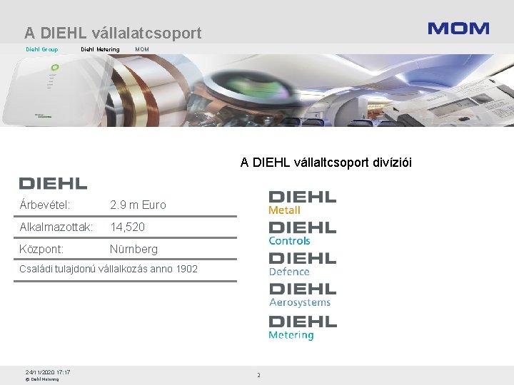 A DIEHL vállalatcsoport Diehl Group Diehl Metering MOM A DIEHL vállaltcsoport divíziói Árbevétel: 2.