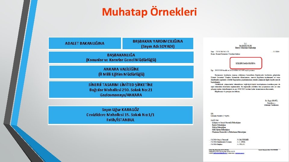 Muhatap Örnekleri ADALET BAKANLIĞINA BAŞBAKAN YARDIMCILIĞINA (Sayın Adı SOYADI) BAŞBAKANLIĞA (Kanunlar ve Kararlar Genel