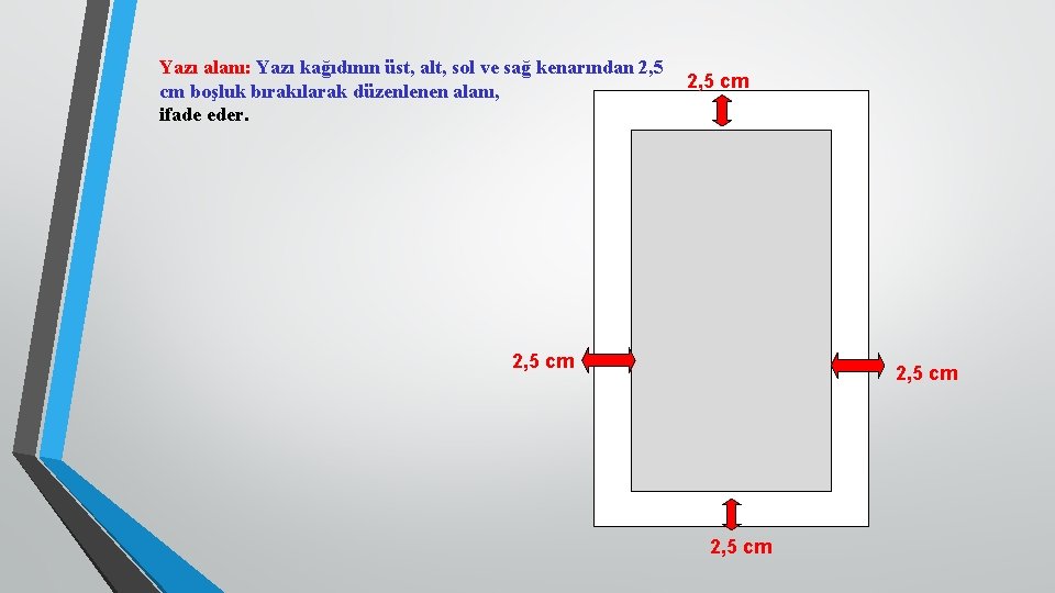 Yazı alanı: Yazı kağıdının üst, alt, sol ve sağ kenarından 2, 5 cm boşluk