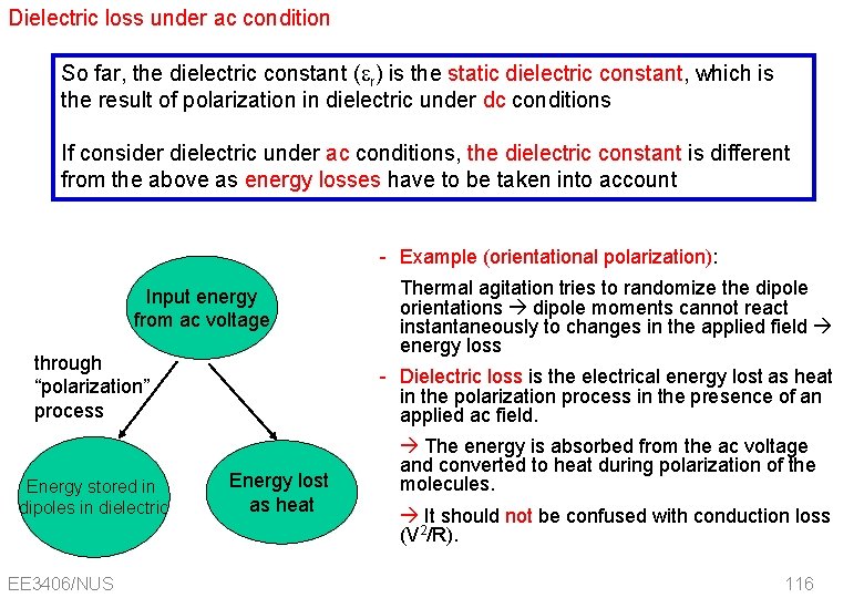 Dielectric loss under ac condition So far, the dielectric constant ( r) is the