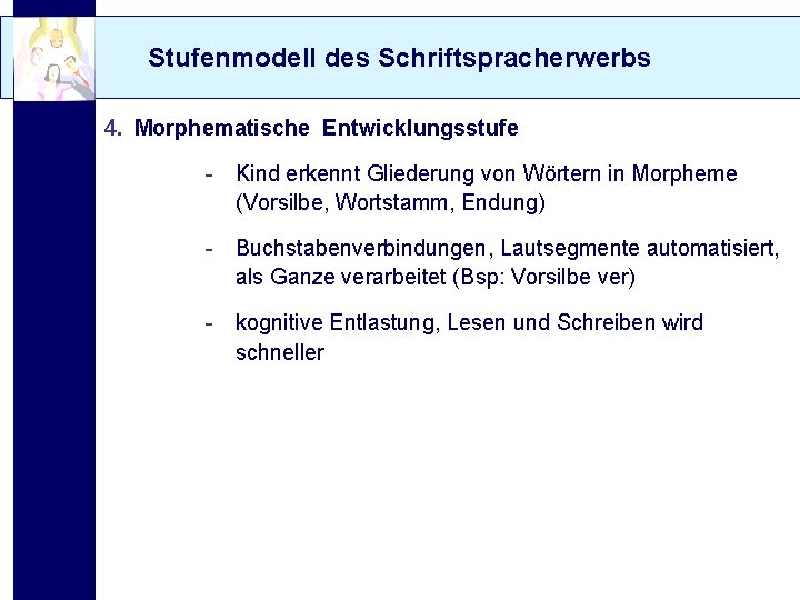 Stufenmodell des Schriftspracherwerbs 4. Morphematische Entwicklungsstufe - Kind erkennt Gliederung von Wörtern in Morpheme