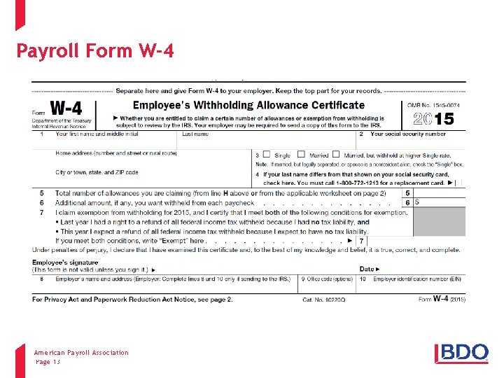 Payroll Form W-4 American Payroll Association Client name - Event - Presentation title Page