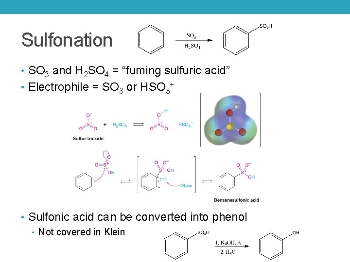 Sulfonation • SO 3 and H 2 SO 4 = “fuming sulfuric acid” •