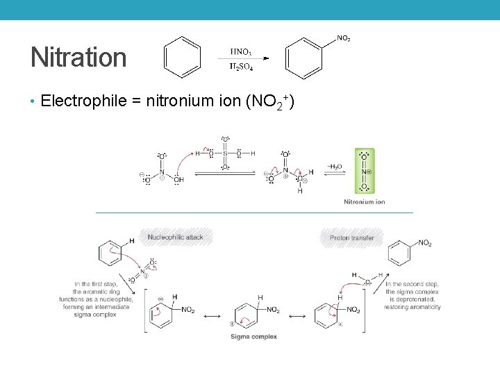 Nitration • Electrophile = nitronium ion (NO 2+) 