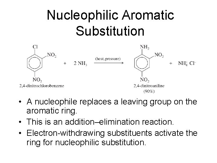 Nucleophilic Aromatic Substitution • A nucleophile replaces a leaving group on the aromatic ring.