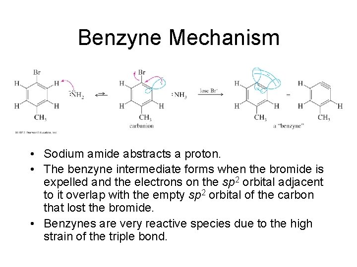 Benzyne Mechanism • Sodium amide abstracts a proton. • The benzyne intermediate forms when