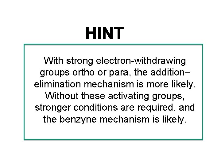 With strong electron-withdrawing groups ortho or para, the addition– elimination mechanism is more likely.