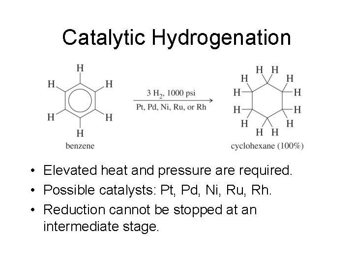 Catalytic Hydrogenation • Elevated heat and pressure are required. • Possible catalysts: Pt, Pd,