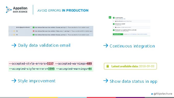AVOID ERRORS IN PRODUCTION Daily data validation email Continuous integration Style improvement Show data