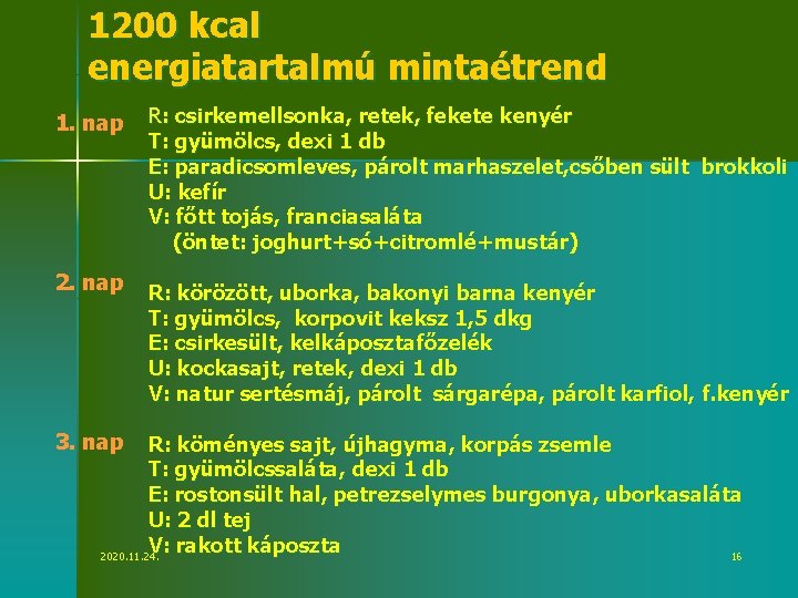 1200 kcal energiatartalmú mintaétrend 1. nap 2. nap 3. nap R: csirkemellsonka, retek, fekete