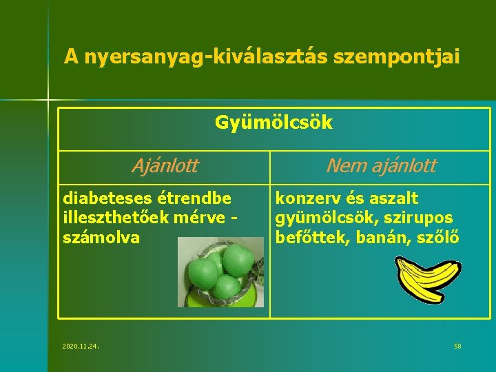 A nyersanyag-kiválasztás szempontjai Gyümölcsök Ajánlott diabeteses étrendbe illeszthetőek mérve számolva 2020. 11. 24. Nem