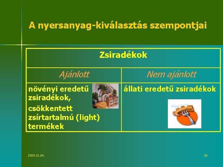 A nyersanyag-kiválasztás szempontjai Zsiradékok Ajánlott növényi eredetű zsiradékok, csökkentett zsírtartalmú (light) termékek 2020. 11.