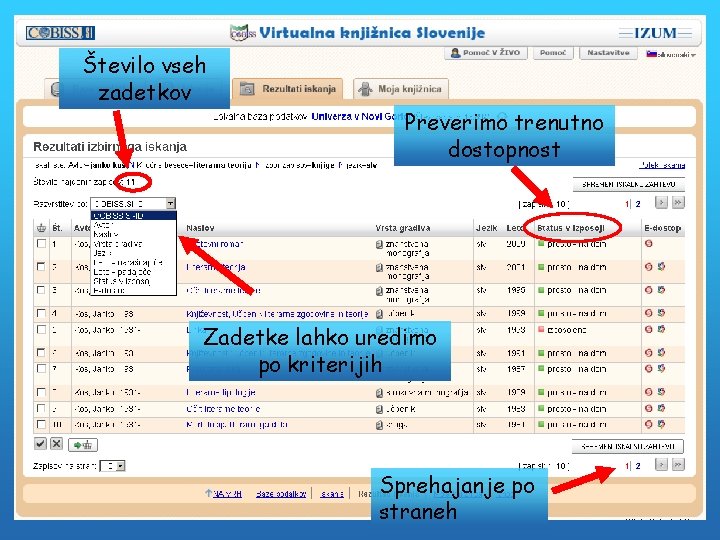 Število vseh zadetkov Preverimo trenutno dostopnost Zadetke lahko uredimo po kriterijih Sprehajanje po straneh