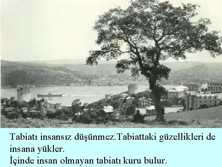 Tabiatı insansız düşünmez. Tabiattaki güzellikleri de insana yükler. İçinde insan olmayan tabiatı kuru bulur.