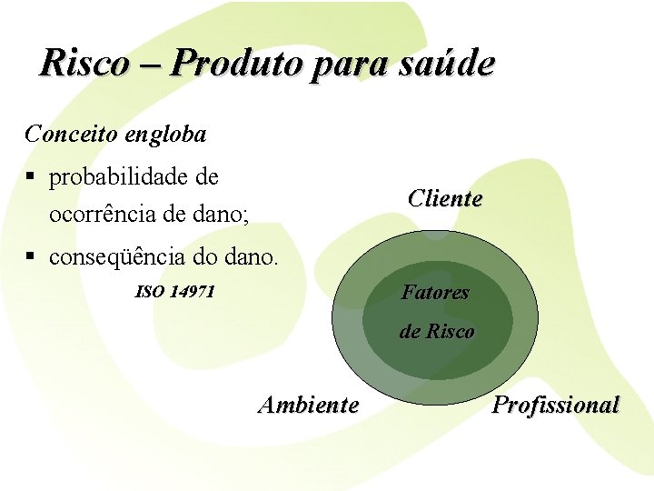 Risco – Produto para saúde Conceito engloba § probabilidade de ocorrência de dano; Cliente