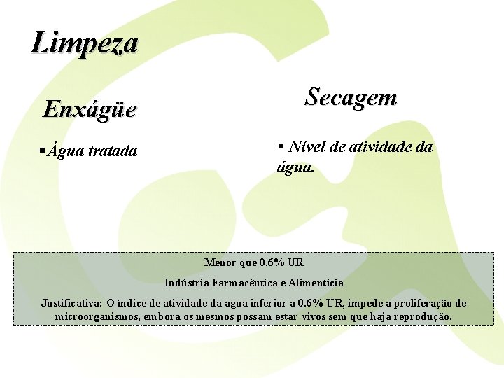 Limpeza Secagem Enxágüe §Água tratada § Nível de atividade da água. Menor que 0.