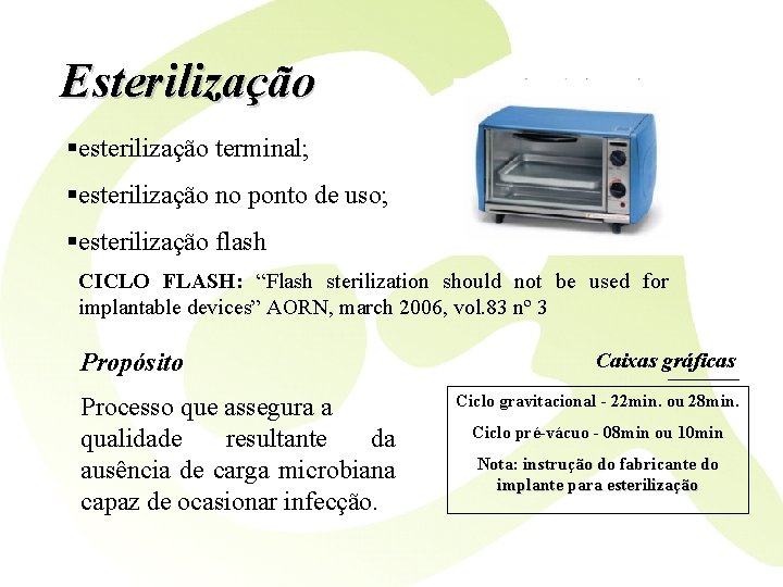 Esterilização §esterilização terminal; §esterilização no ponto de uso; §esterilização flash CICLO FLASH: “Flash sterilization