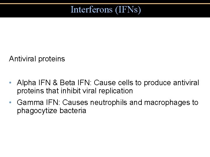 Interferons (IFNs) Antiviral proteins • Alpha IFN & Beta IFN: Cause cells to produce