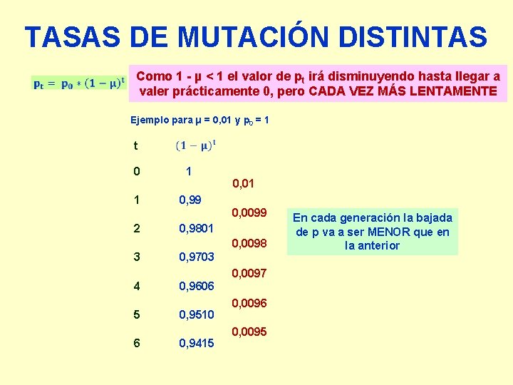 TASAS DE MUTACIÓN DISTINTAS Como 1 - µ < 1 el valor de pt