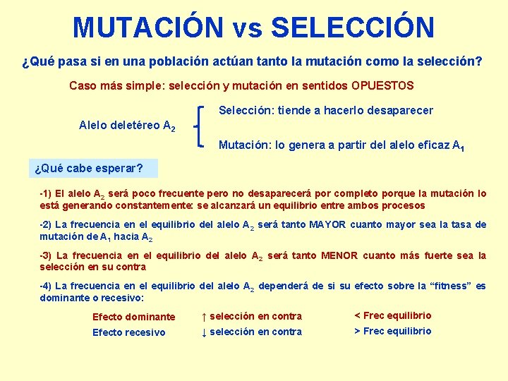MUTACIÓN vs SELECCIÓN ¿Qué pasa si en una población actúan tanto la mutación como