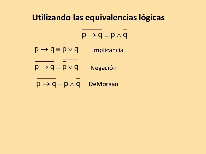 Utilizando las equivalencias lógicas Implicancia Negación De. Morgan 