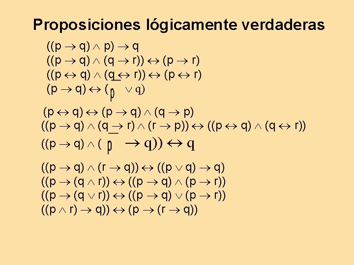 Proposiciones lógicamente verdaderas ((p q) p) q ((p q) (q r)) (p r) (p