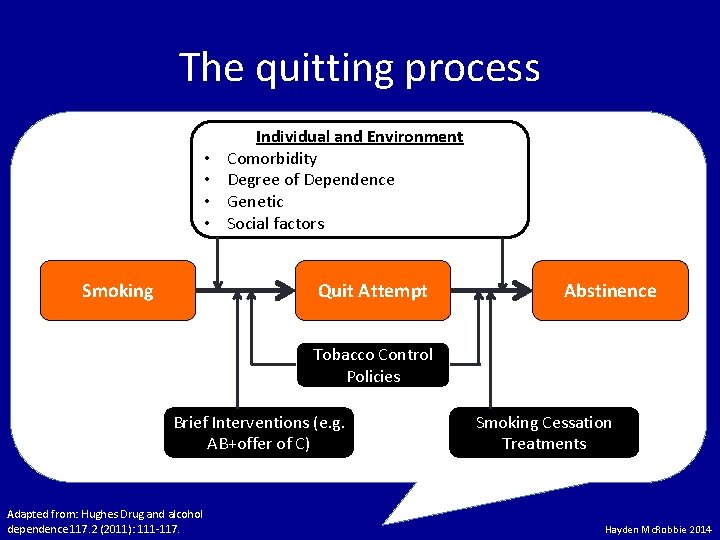 The quitting process • • Smoking Individual and Environment Comorbidity Degree of Dependence Genetic