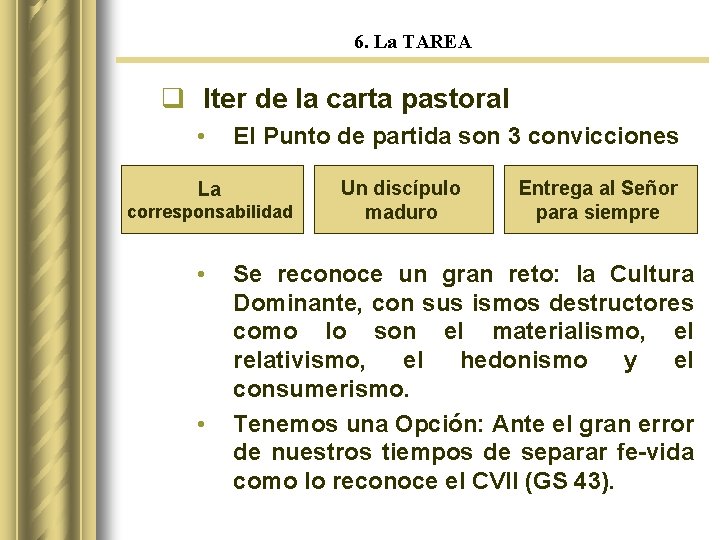 6. La TAREA q Iter de la carta pastoral • El Punto de partida