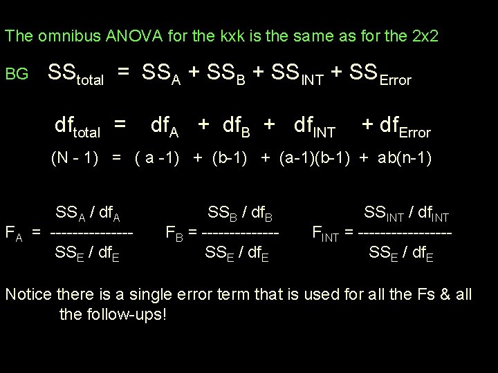 The omnibus ANOVA for the kxk is the same as for the 2 x