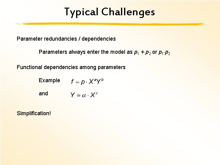 Typical Challenges Parameter redundancies / dependencies Parameters always enter the model as p 1